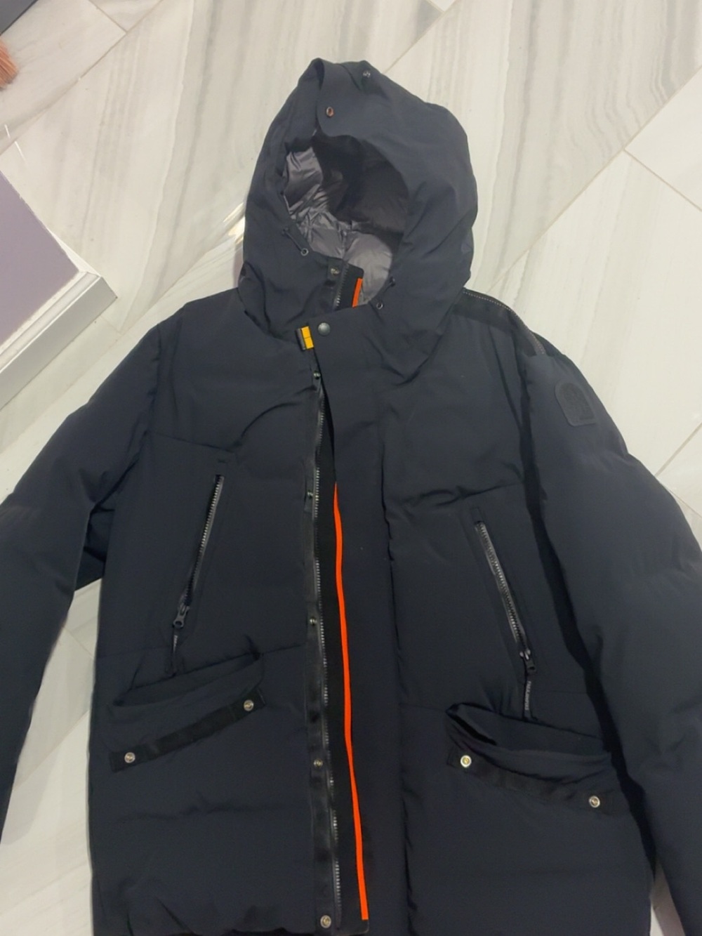 Parajumpers Men's Black Hooded Puffer Jacket with Orange Trim